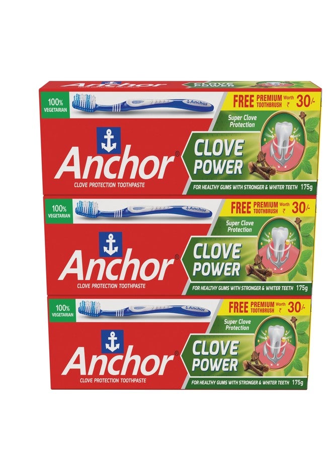 Anchor Clove Power Toothpaste - 175g | Pack of 3 | Free Toothbrush | Clove Oil Formula for Strong Teeth, Healthy Gums & Long-Lasting Freshness | Natural Oral Care Solution - Image 1